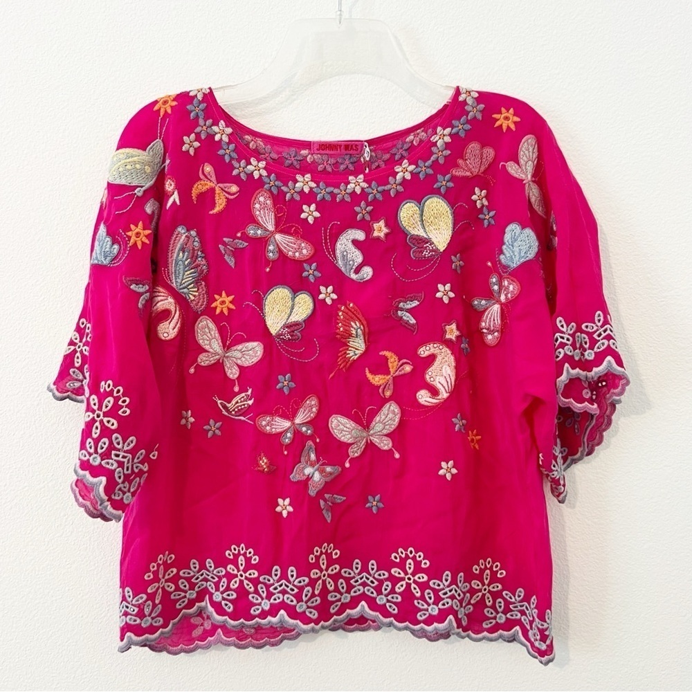 JOHNNY WAS Bellona Blouse Floral Butterfly Embroidered Rayon Top Pink XXS NWT